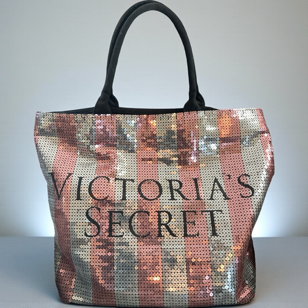 Victoria's Secret‎ Zip Closure Tote Bag With Pink & Silver Sequin Black Fabric